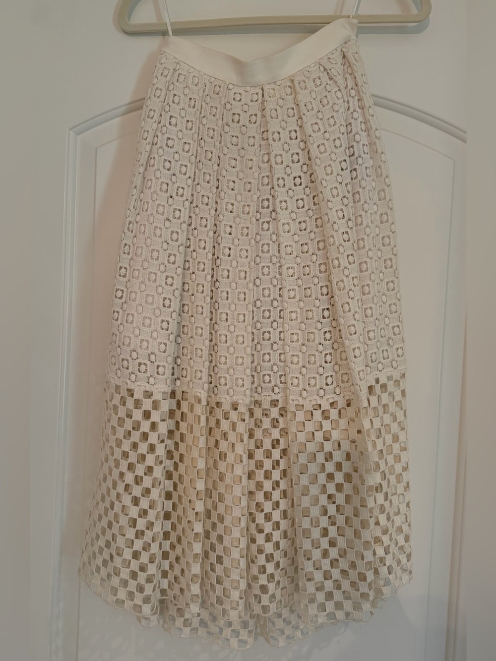 Tibi White Lace Midi Skirt with Checkered Hem
